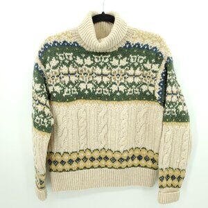 VTG American Eagle Shetland Wool Cable Knit Turtleneck Sweater M Cream/Green